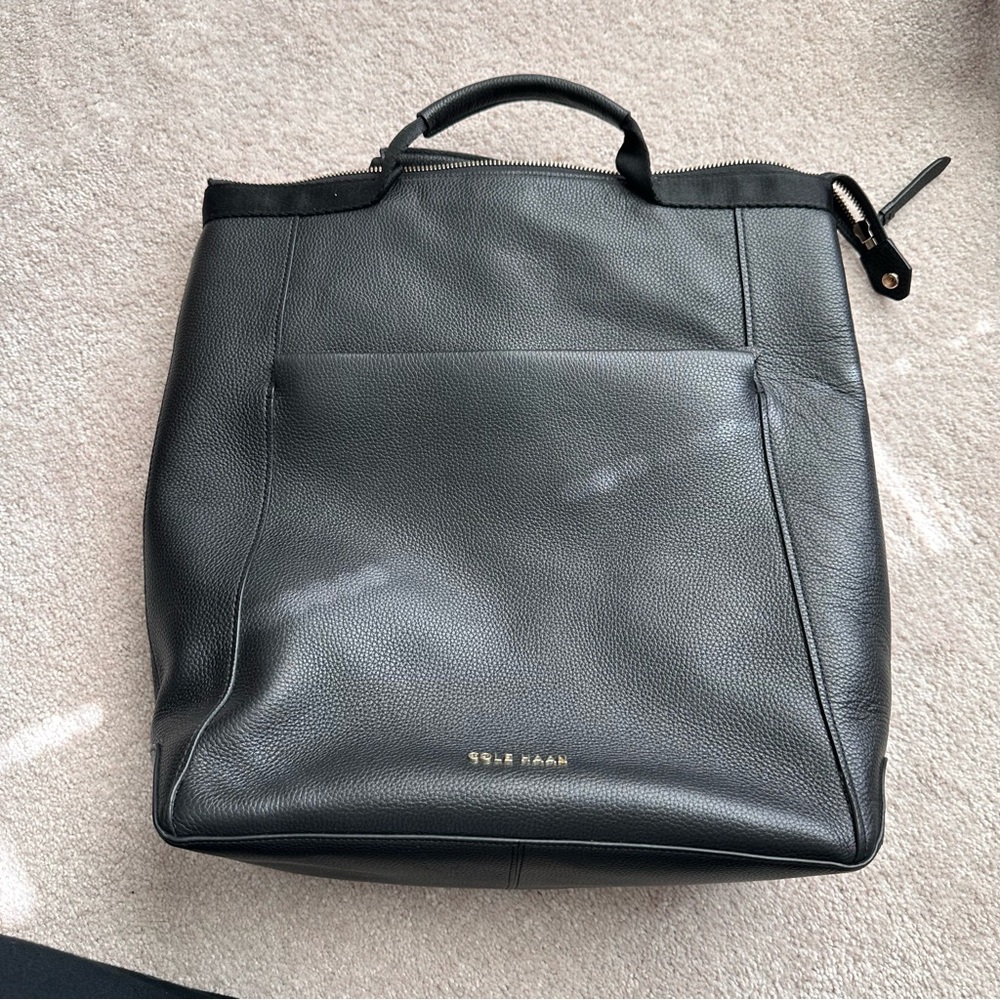 Cole Haan Black Leather Grand Ambition Convertible Backpack Knit Straps